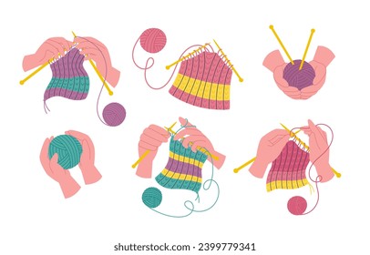 Knitting hobby. Needlework and yarn skeins in hands. Set of flat style illustrations of hand craft