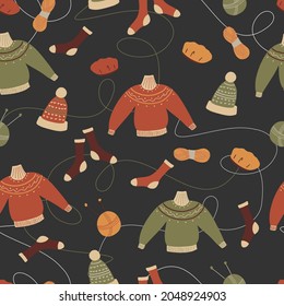 Knitting hobby Scandinavian hygge cozy style sweaters and hats hand drawn vector seamless pattern. Wool yarn pattern.Doodle autumn winter vector illustration  