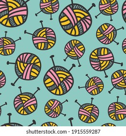 Knitting hobby seamless pattern. Needle pins and wool clew ball. Creative hobby. Handmade knitting vector wallpaper. Craft hobby ornament. Wrapping and scrapbooking template, fabric print