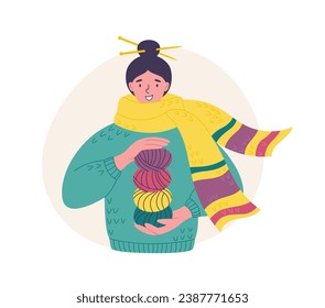 Knitting hobby. Smiling young woman in a big warm scarf with yarn skeins in her hands. Hand crafting hobby. Vector flat style illustration of handmade hobby