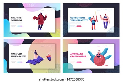 Knitting Hobby Website Landing Page Set. Tiny Female Characters Doing Knitwork Activity with Huge Needles and Clew. Girls with Knit Warm Clothes Web Page Banner. Cartoon Flat Vector Illustration
