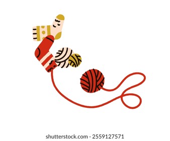 Knitting hobby. Wool yarn balls, handmade socks, handcrafted woolen warm clothing. Knitwear for winter, cozy soft string. Creative DIY craft. Flat vector illustration isolated on white background