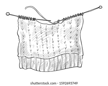 Hobby de punto, hilo de lana y agujas aisladas vector de esbozo. Hilar a cuchillos y cucharas o alfileres, artesanías y dibujos a lápiz de producción de ropa hechos a mano. Materias textiles o textiles para prendas de vestir