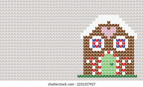 Knitting House Background Pattern border on Gray Background, Knitting Ethnic Pattern Border Merry Christmas and happy winter days vector poste