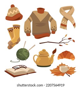 Knitting in hygge style vector illustrations set. Items for knitting, balls of yarn, pullover, socks, scarf, cap, tea, croissant, book isolated on white background. Hygge autumn concept