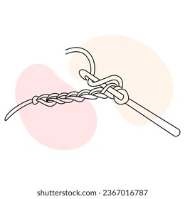 Knitting icon, female hands with hook and thread. Line art, sketch, clip art, vector	
