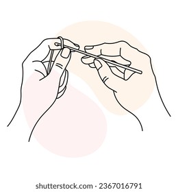 Knitting icon, female hands with hook and thread. Line art, sketch, clip art, vector	
