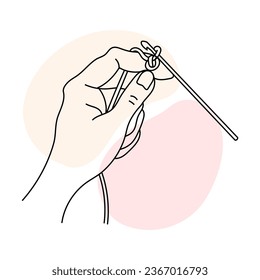 Knittersymbol, weibliche Hände mit Haken und Faden. Line Art, Skizze, Clipart, Vektorgrafik	
