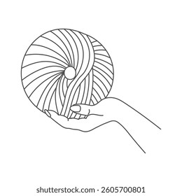 Knitting icon, female hands with hook and thread. Line art, sketch, clip art