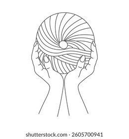 Knitting icon, female hands with hook and thread. Line art, sketch, clip art