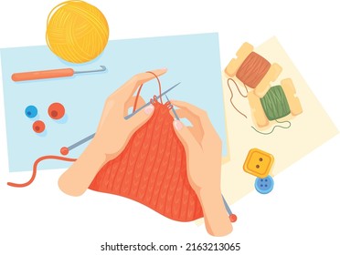 Knitting Icon. Female Hands With Needles And Yarn. Cartoon Hobby Symbol Isolated On White Background