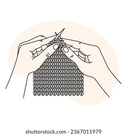 Knitting icon, hands with knitting needles and threads. Line art, sketch, clip art, vector	