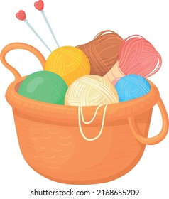 Knitting icon. Hobby bag with color yarn and needles isolated on white background