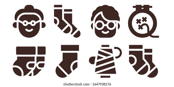 knitting icon set. 8 filled knitting icons.  Simple modern icons such as: Socks, Grandmother, Sock, Thread, Knit