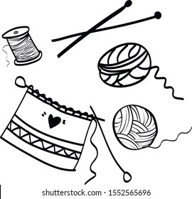 Knitting icon set Single hand drawn element  greeting cards, posters, stickers and seasonal design. Isolated on white background. Doodle vector illustration. Hygge