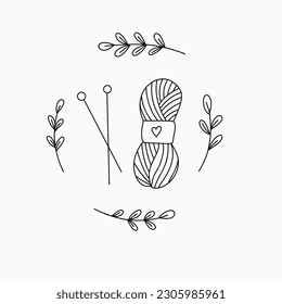 Knitting icon vector. Balls of yarn with knitting needles. Clubs, skeins of wool. Tools for knitting, needlework, crochet, hand knitting. Women's hobby. Cartoon vector illustration isolated on white 