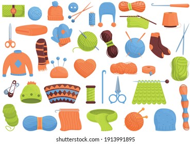 Knitting icons set. Cartoon set of knitting vector icons for web design