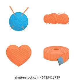 Knitting icons set cartoon vector. Knitting thread, needle and measuring tape. Handicraft accessory, hobby