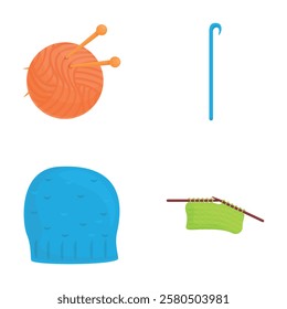 Knitting icons set cartoon vector. Knitting tool and colorful yarn. Handicraft accessory, hobby