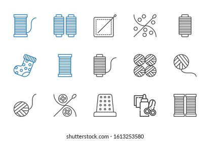 knitting icons set. Collection of knitting with thread, handcraft, thimble, sewing, wool ball, wool balls, sock. Editable and scalable knitting icons.