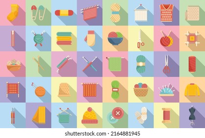 Knitting icons set flat vector. Crochet yarn. Hand made