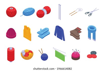 Knitting icons set. Isometric set of knitting vector icons for web design isolated on white background