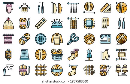 Knitting icons set. Outline set of knitting vector icons thin line color flat on white