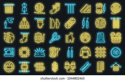 Knitting icons set. Outline set of knitting vector icons neon color on black