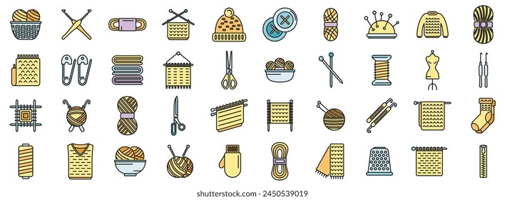 Knitting icons set outline vector. Crochet yarn. Hand made thin line color flat on white
