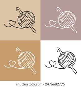 Knitting icons set, skein of yarn and hook. Hobby concept, vector