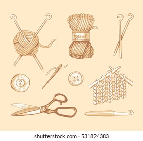 Knitting illustrations. Hand drawn needle, scissors, ball of yarn, knitting needles and crochet