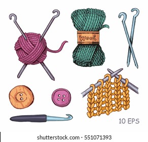 Knitting illustrations. Hand drawn needle, scissors, ball of yarn, knitting needles and crochet.