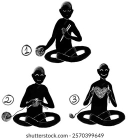 Knitting instructions, meditation, learning to knit. Funny illustration. Hand draw with pencil texture.