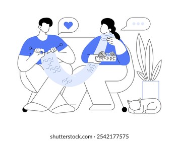 Knitting isolated cartoon vector illustrations. Happy young couple knitting together, creative hobby, hands on activity, homemade wear creation, holding needle, handmade apparel vector cartoon.