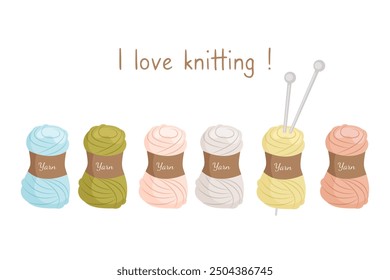 Knitting kit. Set of six multicolored skeins of yarn, spokes. Handmade and hobby concept. Illustration for design of business cards, flyers, websites, banners, knitting studio. Vector.