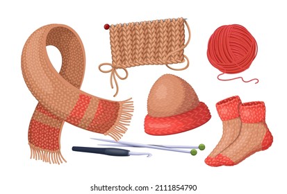 Knitting, knit needle, hook, scarf, socks, merino hat and wool skeins. Knitted winter and autumn clothes. Knitwork vector illustration.