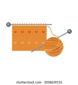 Knitting. Knitted cloth, ball, needles. Needlework, orange yarn, fall and winter activities. Icon, clipart for a site about handmade. Vector flat illustration, cartoon style.