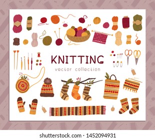 Knitting and knitwear flat vector illustrations set. Traditional autumn, winter hobby tools, scissors, yarn balls. Warm handmade clothing. Female accessories, bags with ethnic, folk decor