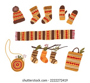 Knitting and knitwear vector illustrations set.  Warm handmade clothing. Female accessories with ethnic, folk decor