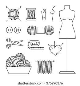 Knitting line art icons vector set