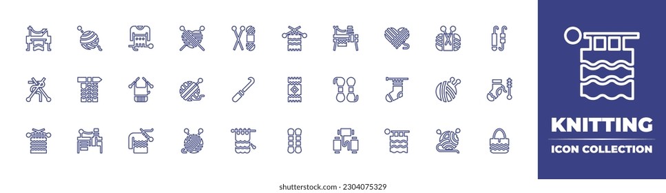 Knitting line icon collection. Editable stroke. Vector illustration. Containing knitting, crochet, sweater, yarn ball, knit, wool, knitting neddles, rug, thread, sock, knitting machine, threads.