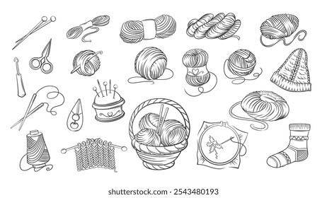 Knitting line icons set. Hand drawn retro tools, woolen yarn ball and skein to knit handmade knitwear. Needlework, handicraft mascots, outline knitting kit icons collection vector illustration