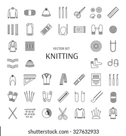 Knitting line icons set. Knitting supplies and accessories. Needle, crochet, woolen yarn, hook,  scissors, pattern. Knitwear, pullover, comforter, scarf, jacket, mitten, sock. Vector illustration.