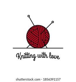 Knitting logo with knitting ball and needles on white background