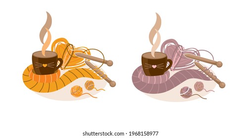 Knitting logo. Cap of coffee. Cozy hobby. Handmade. Crochet. Vector.