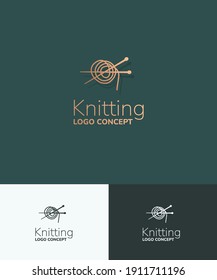 Knitting logo concept. Vector linear iconic sign with of bobbin and needles.