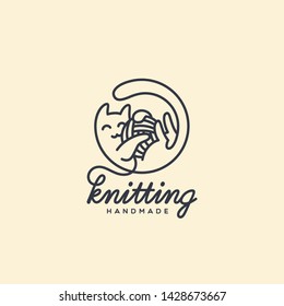 Knitting logo design template with cat and ball of wool in linear style. Vector illustration.