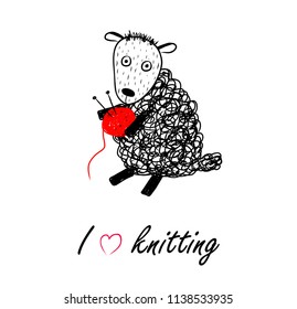 Knitting logo with funny sheep and ball of threads. Ball of red yarn with knitting needles, knit icon, poster, background, postcard. Lettering vector illustration, EPS 8