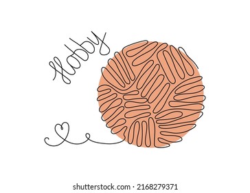 Knitting logo, icon. Hobby sign, needlework in line art style. A ball of thread, one line drawing. Threads in a skein. Vector illustration on an isolated background.