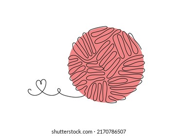 Knitting logo, icon. Hobby sign, needlework in line art style. A ball of thread, one line drawing. Threads in a skein. Vector illustration on an isolated background.